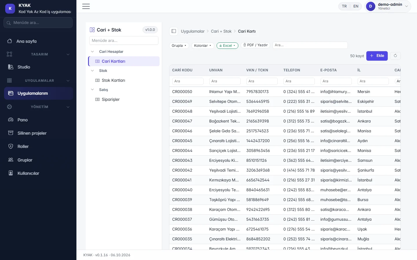 List in the published app: search, grouping, columns, Excel/PDF