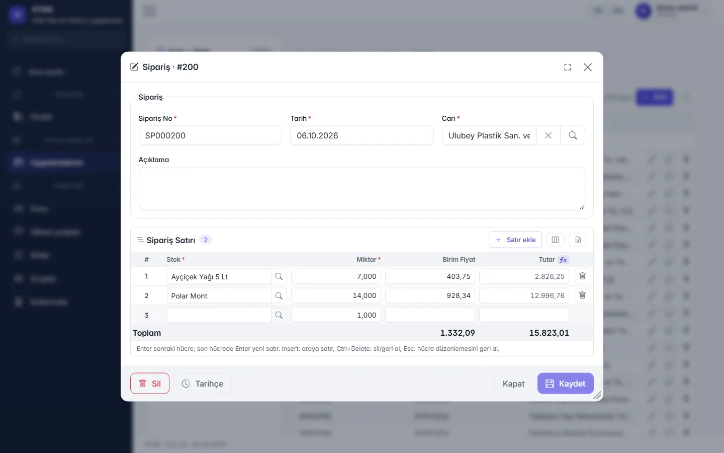 Document entry: header and lines, formula-based amounts and totals